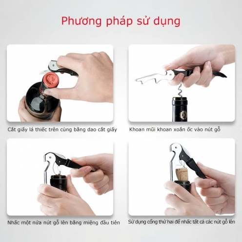 Dụng cụ khui rượu vang thép không gỉ - cán gỗ cao cấp