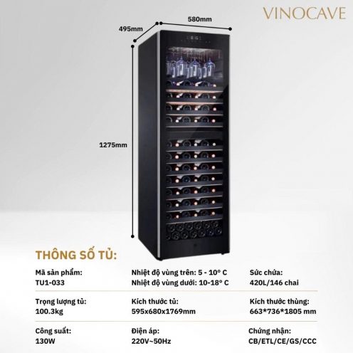 Tủ bảo quản rượu vang Vinocave 146 Chai khay gỗ cao câp