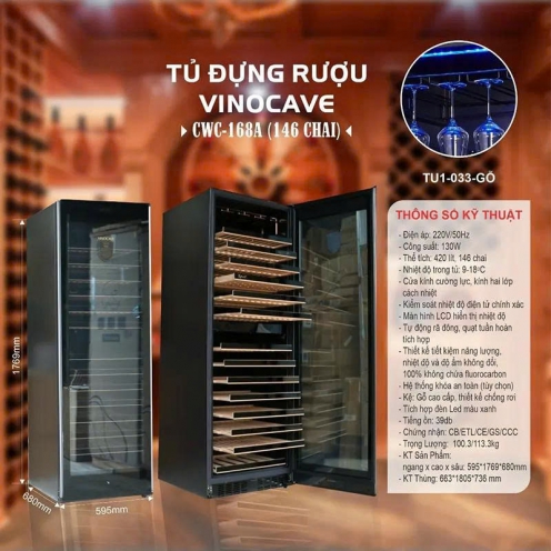 Tủ bảo quản rượu vang Vinocave 146 Chai khay gỗ cao câp