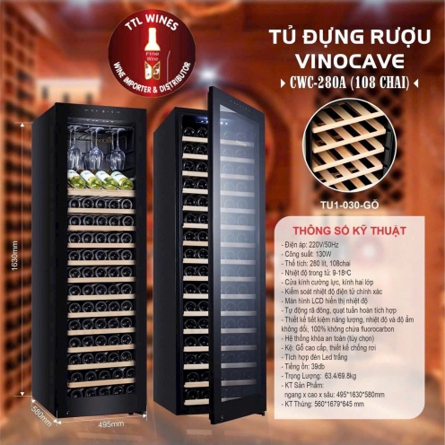 Tủ bảo quản rượu vang, tủ làm mát vang Vinocave 108 chai